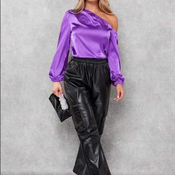 Luxe Satin Asymmetrical Neck Off One Shoulder Long Sleeve Satin Top Blouse - Picture 8 of 16